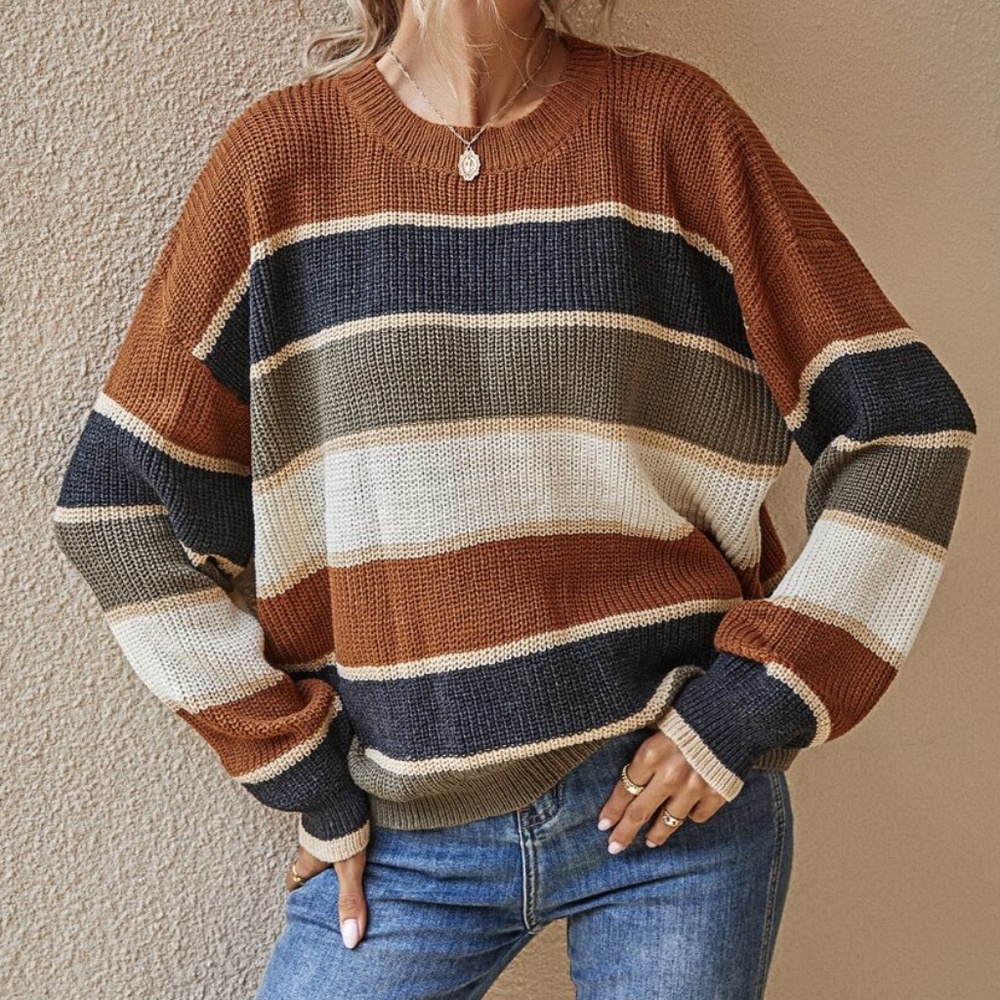 Cozy Color Block Stripes Oversized Sweater - Picture 4 of 4